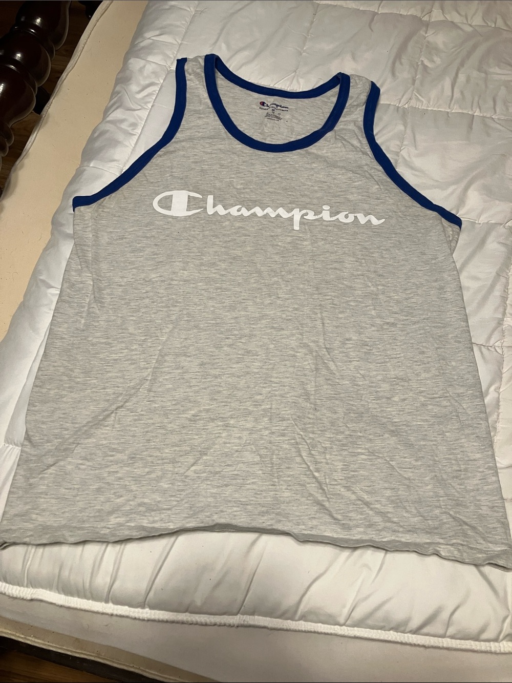 Champion Light Gray Tank with Blue Trim and White Logo